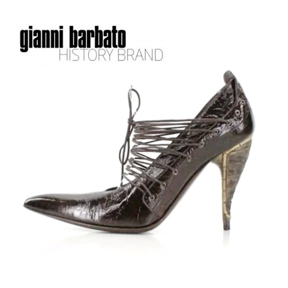 Gianni Barbato Patent Leather Lace Up Pointed Pumps Sculptural Heel Brown 7.5